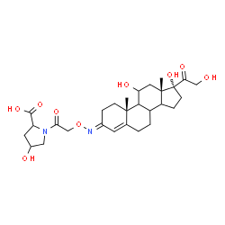 ChemSpider 2D Image | 4-Hydroxy-1-[({(E)-[(3E,8xi,9xi,14xi)-11,17,21-trihydroxy-20-oxopregn-4-en-3-ylidene]amino}oxy)acetyl]proline | C28H40N2O9