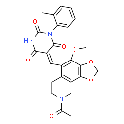 ChemSpider 2D Image | N-[2-(7-Methoxy-6-{(Z)-[1-(2-methylphenyl)-2,4,6-trioxotetrahydro-5(2H)-pyrimidinylidene]methyl}-1,3-benzodioxol-5-yl)ethyl]-N-methylacetamide | C25H25N3O7