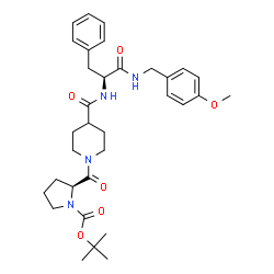 ChemSpider 2D Image | 2-Methyl-2-propanyl (2S)-2-{[4-({(2S)-1-[(4-methoxybenzyl)amino]-1-oxo-3-phenyl-2-propanyl}carbamoyl)-1-piperidinyl]carbonyl}-1-pyrrolidinecarboxylate | C33H44N4O6