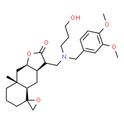 ChemSpider 2D Image | (3aR,4aR,8aR,9aR)-3-{[(3,4-Dimethoxybenzyl)(3-hydroxypropyl)amino]methyl}-8a-methyldecahydro-2H-spiro[naphtho[2,3-b]furan-5,2'-oxiran]-2-one | C27H39NO6