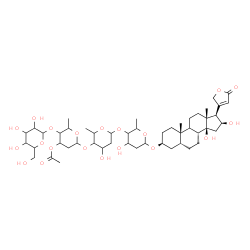 ChemSpider 2D Image | (3beta,5beta,9xi,16beta)-3-{[Hexopyranosyl-(1->4)-3-O-acetyl-2,6-dideoxyhexopyranosyl-(1->4)-2,6-dideoxyhexopyranosyl-(1->4)-2,6-dideoxyhexopyranosyl]oxy}-14,16-dihydroxycard-20(22)-enolide | C49H76O20