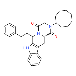 ChemSpider 2D Image | (12aS)-2-Cyclooctyl-6-(2-phenylethyl)-2,3,6,7,12,12a-hexahydropyrazino[1',2':1,6]pyrido[3,4-b]indole-1,4-dione | C30H35N3O2