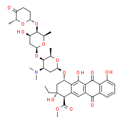 ChemSpider 2D Image | Methyl (1R,2R,4S)-2-ethyl-2,5,7-trihydroxy-6,11-dioxo-4-{[2,3,6-trideoxy-4-O-{2,6-dideoxy-4-O-[(2R,6R)-6-methyl-5-oxotetrahydro-2H-pyran-2-yl]-beta-D-lyxo-hexopyranosyl}-3-(dimethylamino)-beta-D-lyxo-
hexopyranosyl]oxy}-1,2,3,4,6,11-hexahydro-1-tetracenecarboxylate | C42H53NO15