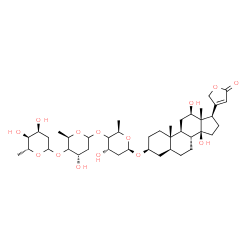 ChemSpider 2D Image | (3beta,5alpha,12beta)-3-{[2,6-Dideoxy-D-ribo-hexopyranosyl-(1->4)-(4xi)-2,6-dideoxy-D-erythro-hexopyranosyl-(1->4)-(4xi)-2,6-dideoxy-beta-D-erythro-hexopyranosyl]oxy}-12,14-dihydroxycard-20(22)-enolid
e | C41H64O14