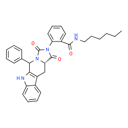 ChemSpider 2D Image | 2-[(11aS)-1,3-Dioxo-5-phenyl-5,6,11,11a-tetrahydro-1H-imidazo[1',5':1,6]pyrido[3,4-b]indol-2(3H)-yl]-N-hexylbenzamide | C32H32N4O3