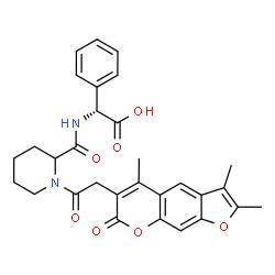 ChemSpider 2D Image | (2R)-Phenyl[({1-[(2,3,5-trimethyl-7-oxo-7H-furo[3,2-g]chromen-6-yl)acetyl]-2-piperidinyl}carbonyl)amino]acetic acid | C30H30N2O7