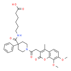 ChemSpider 2D Image | 6-[({1-[(7,8-Dimethoxy-4-methyl-2-oxo-2H-chromen-3-yl)acetyl]-4-phenyl-4-piperidinyl}carbonyl)amino]hexanoic acid | C32H38N2O8