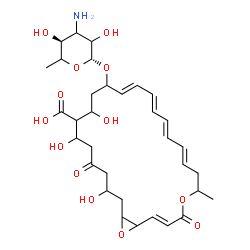ChemSpider 2D Image | (2E,8E,10E,12E,14E)-16-[(3-Amino-3,6-dideoxy-beta-D-glycero-hexopyranosyl)oxy]-18,20,24-trihydroxy-6-methyl-4,22-dioxo-5,27-dioxabicyclo[24.1.0]heptacosa-2,8,10,12,14-pentaene-19-carboxylic acid | C33H47NO13