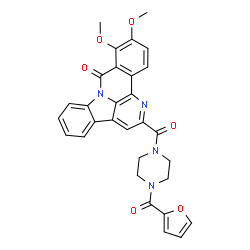 ChemSpider 2D Image | 2-{[4-(2-Furoyl)-1-piperazinyl]carbonyl}-10,11-dimethoxy-9H-benzo[c]indolo[3,2,1-ij][1,5]naphthyridin-9-one | C30H24N4O6