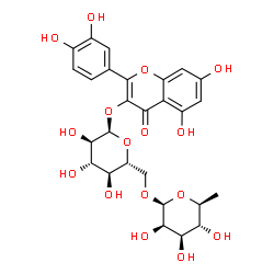ChemSpider 2D Image | 2-(3,4-Dihydroxyphenyl)-5,7-dihydroxy-4-oxo-4H-chromen-3-yl 6-O-(6-deoxy-beta-L-mannopyranosyl)-alpha-D-glucopyranoside | C27H30O16