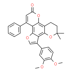 ChemSpider 2D Image | 3-(3,4-Dimethoxyphenyl)-5,5-dimethyl-11-phenyl-6,7-dihydro-5H,9H-furo[2,3-f]pyrano[2,3-h]chromen-9-one | C30H26O6