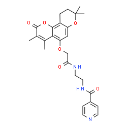 ChemSpider 2D Image | N-[2-({[(3,4,8,8-Tetramethyl-2-oxo-9,10-dihydro-2H,8H-pyrano[2,3-f]chromen-5-yl)oxy]acetyl}amino)ethyl]isonicotinamide | C26H29N3O6