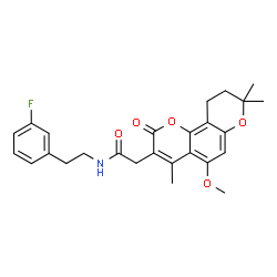 ChemSpider 2D Image | N-[2-(3-Fluorophenyl)ethyl]-2-(5-methoxy-4,8,8-trimethyl-2-oxo-9,10-dihydro-2H,8H-pyrano[2,3-f]chromen-3-yl)acetamide | C26H28FNO5