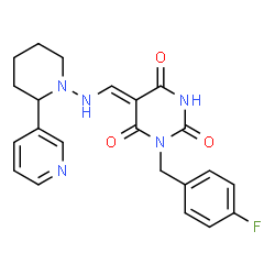 ChemSpider 2D Image | (5Z)-1-(4-Fluorobenzyl)-5-({[2-(3-pyridinyl)-1-piperidinyl]amino}methylene)-2,4,6(1H,3H,5H)-pyrimidinetrione | C22H22FN5O3