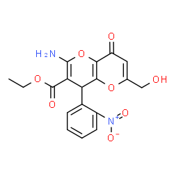 ChemSpider 2D Image | Ethyl 2-amino-6-(hydroxymethyl)-4-(2-nitrophenyl)-8-oxo-4,8-dihydropyrano[3,2-b]pyran-3-carboxylate | C18H16N2O8