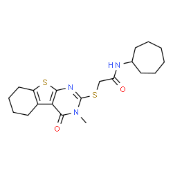 ChemSpider 2D Image | N-Cycloheptyl-2-[(3-methyl-4-oxo-3,4,5,6,7,8-hexahydro[1]benzothieno[2,3-d]pyrimidin-2-yl)sulfanyl]acetamide | C20H27N3O2S2