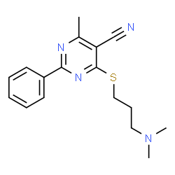 ChemSpider 2D Image | 4-{[3-(Dimethylamino)propyl]sulfanyl}-6-methyl-2-phenyl-5-pyrimidinecarbonitrile | C17H20N4S
