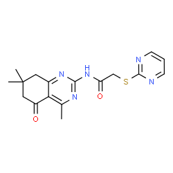 ChemSpider 2D Image | 2-(2-Pyrimidinylsulfanyl)-N-(4,7,7-trimethyl-5-oxo-5,6,7,8-tetrahydro-2-quinazolinyl)acetamide | C17H19N5O2S