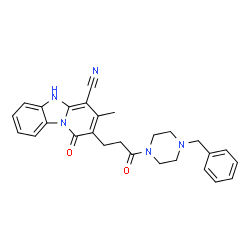ChemSpider 2D Image | 2-[3-(4-Benzyl-1-piperazinyl)-3-oxopropyl]-3-methyl-1-oxo-1,5-dihydropyrido[1,2-a]benzimidazole-4-carbonitrile | C27H27N5O2