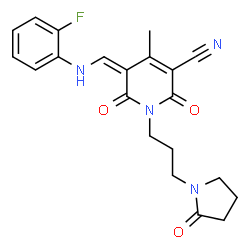 ChemSpider 2D Image | (5Z)-5-{[(2-Fluorophenyl)amino]methylene}-4-methyl-2,6-dioxo-1-[3-(2-oxo-1-pyrrolidinyl)propyl]-1,2,5,6-tetrahydro-3-pyridinecarbonitrile | C21H21FN4O3