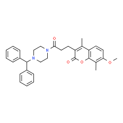 ChemSpider 2D Image | 3-{3-[4-(Diphenylmethyl)-1-piperazinyl]-3-oxopropyl}-7-methoxy-4,8-dimethyl-2H-chromen-2-one | C32H34N2O4