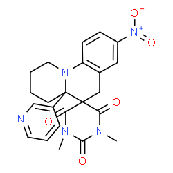 ChemSpider 2D Image | 1',3'-Dimethyl-8-nitro-4a-(3-pyridinyl)-2,3,4,4a-tetrahydro-1H,2'H,6H-spiro[pyrido[1,2-a]quinoline-5,5'-pyrimidine]-2',4',6'(1'H,3'H)-trione | C23H23N5O5