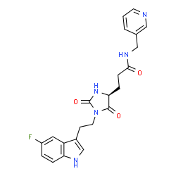 ChemSpider 2D Image | 3-{(4S)-1-[2-(5-Fluoro-1H-indol-3-yl)ethyl]-2,5-dioxo-4-imidazolidinyl}-N-(3-pyridinylmethyl)propanamide | C22H22FN5O3