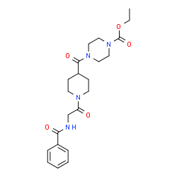 ChemSpider 2D Image | Ethyl 4-{[1-(N-benzoylglycyl)-4-piperidinyl]carbonyl}-1-piperazinecarboxylate | C22H30N4O5
