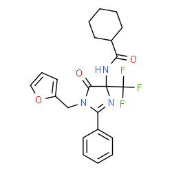 ChemSpider 2D Image | N-[1-(2-Furylmethyl)-5-oxo-2-phenyl-4-(trifluoromethyl)-4,5-dihydro-1H-imidazol-4-yl]cyclohexanecarboxamide | C22H22F3N3O3