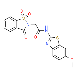 ChemSpider 2D Image | 2-(1,1-Dioxido-3-oxo-1,2-benzothiazol-2(3H)-yl)-N-(6-methoxy-1,3-benzothiazol-2-yl)acetamide | C17H13N3O5S2