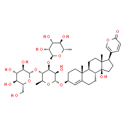 ChemSpider 2D Image | (3beta)-3-{[6-Deoxy-alpha-L-mannopyranosyl-(1->3)-[beta-D-glucopyranosyl-(1->4)]-6-deoxy-alpha-L-mannopyranosyl]oxy}-14-hydroxybufa-4,20,22-trienolide | C42H62O17