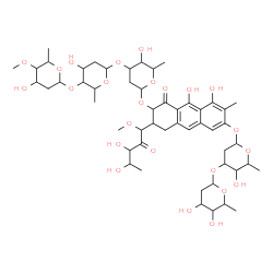 ChemSpider 2D Image | 5-Deoxy-1-C-(7-{[2,6-dideoxy-3-O-(2,6-dideoxyhexopyranosyl)hexopyranosyl]oxy}-3-{[2,6-dideoxy-4-O-methylhexopyranosyl-(1->4)-2,6-dideoxyhexopyranosyl-(1->3)-2,6-dideoxyhexopyranosyl]oxy}-5,10-dihydrox
y-6-methyl-4-oxo-1,2,3,4-tetrahydro-2-anthracenyl)-1-O-methylpent-2-ulose | C52H76O24