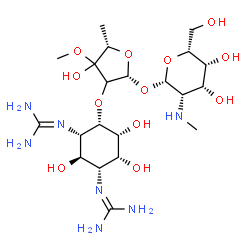 ChemSpider 2D Image | 2,2'-[(1R,2R,3S,4S,5R,6R)-4-{[(2R,5S)-2-{[(2S,3S,4R,5R,6R)-4,5-Dihydroxy-6-(hydroxymethyl)-3-(methylamino)tetrahydro-2H-pyran-2-yl]oxy}-4-hydroxy-4-methoxy-5-methyltetrahydro-3-furanyl]oxy}-2,5,6-trih
ydroxy-1,3-cyclohexanediyl]diguanidine | C21H41N7O12