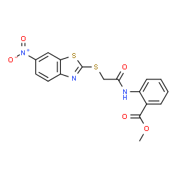 ChemSpider 2D Image | Methyl 2-({[(6-nitro-1,3-benzothiazol-2-yl)sulfanyl]acetyl}amino)benzoate | C17H13N3O5S2