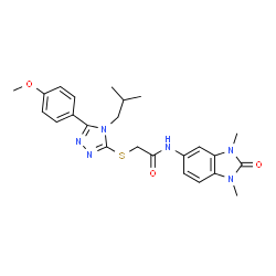 ChemSpider 2D Image | N-(1,3-Dimethyl-2-oxo-2,3-dihydro-1H-benzimidazol-5-yl)-2-{[4-isobutyl-5-(4-methoxyphenyl)-4H-1,2,4-triazol-3-yl]sulfanyl}acetamide | C24H28N6O3S