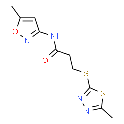 ChemSpider 2D Image | N-(5-Methyl-1,2-oxazol-3-yl)-3-[(5-methyl-1,3,4-thiadiazol-2-yl)sulfanyl]propanamide | C10H12N4O2S2