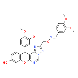 ChemSpider 2D Image | 2-({[(E)-(3,4-Dimethoxybenzylidene)amino]oxy}methyl)-12-(3,4-dimethoxyphenyl)-12H-chromeno[3,2-e][1,2,4]triazolo[1,5-c]pyrimidin-9-ol | C30H27N5O7