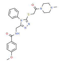 ChemSpider 2D Image | 4-Methoxy-N-[(5-{[2-(4-methyl-1-piperazinyl)-2-oxoethyl]sulfanyl}-4-phenyl-4H-1,2,4-triazol-3-yl)methyl]benzamide | C24H28N6O3S