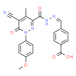 ChemSpider 2D Image | 4-[(Z)-({[5-Cyano-1-(4-methoxyphenyl)-4-methyl-6-oxo-1,6-dihydro-3-pyridazinyl]carbonyl}hydrazono)methyl]benzoic acid | C22H17N5O5
