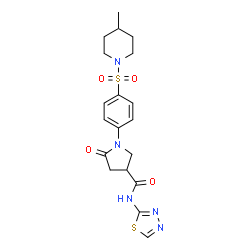 ChemSpider 2D Image | 1-{4-[(4-Methyl-1-piperidinyl)sulfonyl]phenyl}-5-oxo-N-(1,3,4-thiadiazol-2-yl)-3-pyrrolidinecarboxamide | C19H23N5O4S2