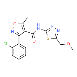 ChemSpider 2D Image | 3-(2-Chlorophenyl)-N-[5-(methoxymethyl)-1,3,4-thiadiazol-2-yl]-5-methyl-1,2-oxazole-4-carboxamide | C15H13ClN4O3S