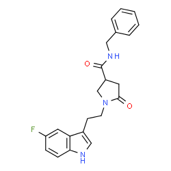 ChemSpider 2D Image | N-Benzyl-1-[2-(5-fluoro-1H-indol-3-yl)ethyl]-5-oxo-3-pyrrolidinecarboxamide | C22H22FN3O2