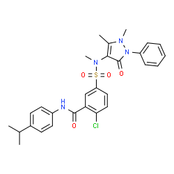 ChemSpider 2D Image | 2-Chloro-5-[(1,5-dimethyl-3-oxo-2-phenyl-2,3-dihydro-1H-pyrazol-4-yl)(methyl)sulfamoyl]-N-(4-isopropylphenyl)benzamide | C28H29ClN4O4S