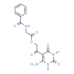 ChemSpider 2D Image | 2-(6-Amino-1,3-dimethyl-2,4-dioxo-1,2,3,4-tetrahydro-5-pyrimidinyl)-2-oxoethyl N-benzoylglycinate | C17H18N4O6