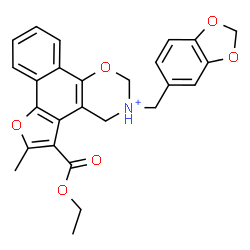 ChemSpider 2D Image | 3-(1,3-Benzodioxol-5-ylmethyl)-5-(ethoxycarbonyl)-6-methyl-3,4-dihydro-2H-furo[3',2':3,4]naphtho[2,1-e][1,3]oxazin-3-ium | C26H24NO6
