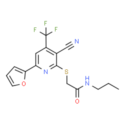 ChemSpider 2D Image | 2-{[3-Cyano-6-(2-furyl)-4-(trifluoromethyl)-2-pyridinyl]sulfanyl}-N-propylacetamide | C16H14F3N3O2S