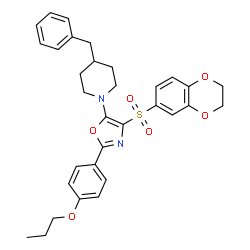 ChemSpider 2D Image | 4-Benzyl-1-[4-(2,3-dihydro-1,4-benzodioxin-6-ylsulfonyl)-2-(4-propoxyphenyl)-1,3-oxazol-5-yl]piperidine | C32H34N2O6S