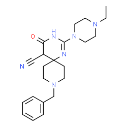 ChemSpider 2D Image | 9-Benzyl-2-(4-ethyl-1-piperazinyl)-4-oxo-1,3,9-triazaspiro[5.5]undec-1-ene-5-carbonitrile | C22H30N6O