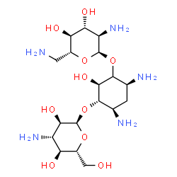 ChemSpider 2D Image | (2S,3S,4R,6S)-4,6-Diamino-3-[(3-amino-3-deoxy-alpha-D-glucopyranosyl)oxy]-2-hydroxycyclohexyl 2,6-diamino-2,6-dideoxy-alpha-D-glucopyranoside | C18H37N5O10
