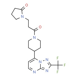 ChemSpider 2D Image | 1-(3-Oxo-3-{4-[2-(trifluoromethyl)[1,2,4]triazolo[1,5-a]pyrimidin-7-yl]-1-piperidinyl}propyl)-2-pyrrolidinone | C18H21F3N6O2